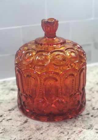 Rare Le Smith Moon And Stars Amberina Glass Jardiniere 6” Wide Canister Lidded