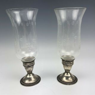 Pair Duchin Creations Sterling Silver Etched Glass Hurricane Candle Holder Ncg