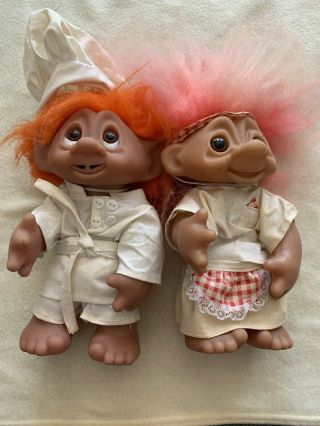 Vintage Thomas Dam Trolls Dolls 9 " Marked Made In 1977 Denmark Chef Waitress