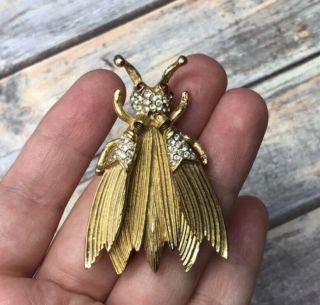 Rare vintage gold tone rhinestone trembler wings insect bug brooch pin 2