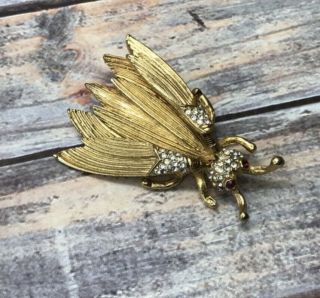 Rare vintage gold tone rhinestone trembler wings insect bug brooch pin 3