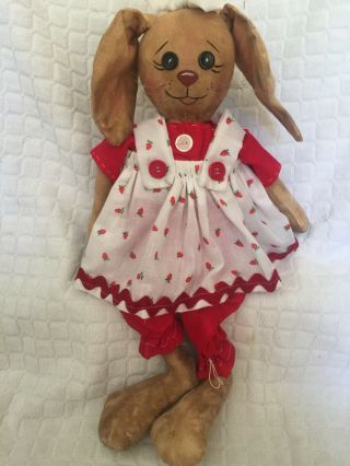 Primitive Folk Art Handmade Spring Easter Bunny Rabbit Doll W Strawberry Dress