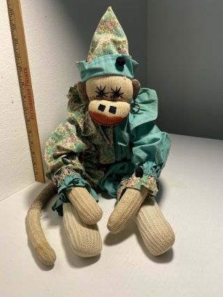 Vintage Old Sock Monkey Early Stuffed Animal 1950’s Handmade Clown 19”