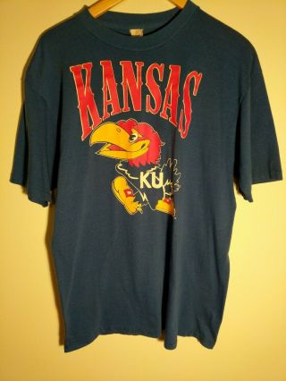 Vintage 80s Rare K Jayhawk T - Shirt Mens Graphic Kansas Rock Chalk Unisex Xlarge