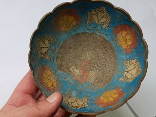 Brilliant Antique Hand Made Bronze Bowl Colours Of Peacock 326 Gr 147 Mm