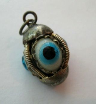Vintage 800 Silver Three Sided Glass Evil Eye Protection Amulet Charm