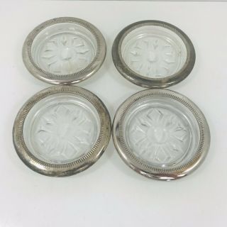 Set 4 Vintage Silver Plate Coasters Moulded Glass Base Plated Rim
