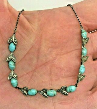 Vintage Jewellery Art Deco Delicate Turquoise Glass Stone Silver Tone Necklace