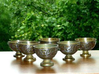 Set X6 Antique Middle Eastern Engraved Brass Cups Silver Islamic Calligraphy