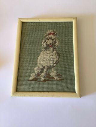 Vintage Wooden Framed Wool Tapestry Picture Of A Poodle