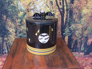 Halloween Ceramic Cookie Candy Jar With Bats & Candy Corn,  Bat Finial Lid - Rare