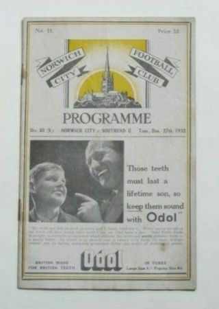 Rare.  Pre - War Programme.  1932/33 Norwich City V Southend United.  3rd Division