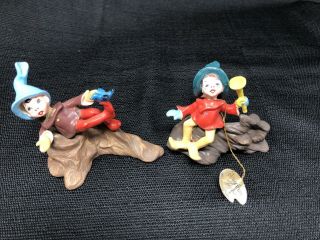 Two Vintage 1958 Napco Piper Pixie Figurine Sitting On A Tree A3165a A3165c Rare