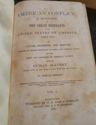 Antique 1864 2 Vol.  Book Set The American Conflict,  H.  Greeley,  Civil War,  Rare 2