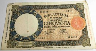 Italy Banknote,  50 Lire 1943,  Banca D,  Italia,  Cinqvante Lire,  Rare Banknote