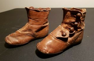 Antique German / French Bisque Fashion Doll Brown Leather Boots Shoes Button Up