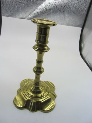 Antique Brass Candlestick With Unusual Base 7.  5” High.  Scalloped Edge Top