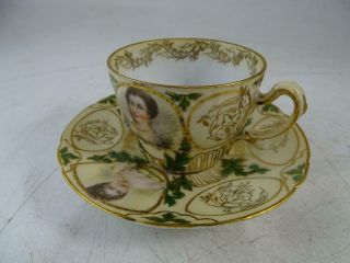 Antique Royal Saxe Germany Porcelain Portrait Demitasse Teacup & Saucer Set Vtg