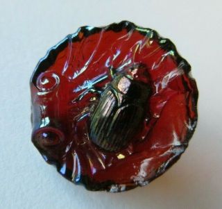 Marvelous Antique Vtg Ruby Red Glass Button Beetle Insect Carnival Luster (h)