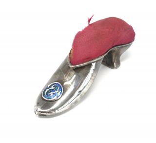 A Rare Antique Edwardian C1909 Solid Silver Enamelled Large Shoe Pin Cushion