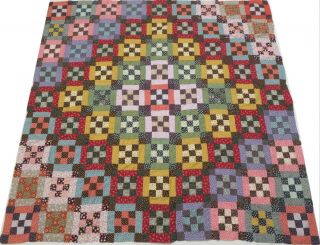 Vintage Handmade Hand Stitched Nine Patch Quilt Top 51x51