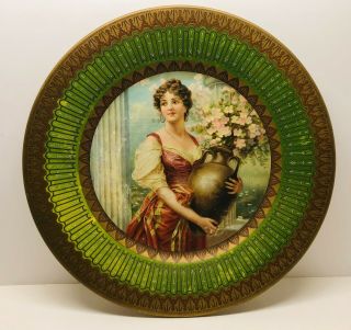 Antique Vienna Art Tin Lady W/flowers Portrait Plate Advertising Horn Grocery