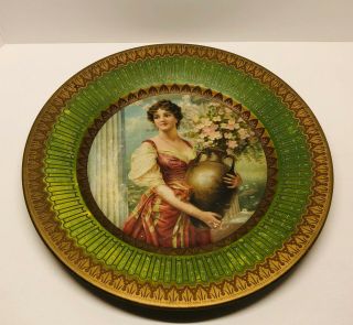 Antique Vienna Art Tin Lady w/Flowers Portrait Plate Advertising Horn Grocery 2