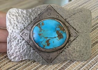 ANTIQUE NATIVE AMERICAN STERLING SILVER TURQUOISE BELT BUCKLE LARGE 2