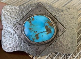 ANTIQUE NATIVE AMERICAN STERLING SILVER TURQUOISE BELT BUCKLE LARGE 3