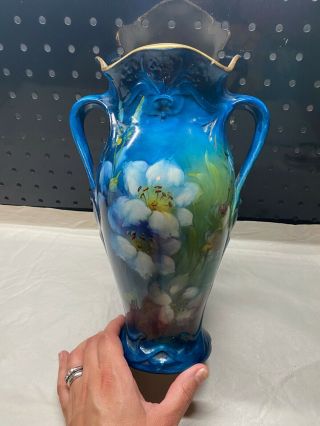 Antique Vintage Royal Bonn German Flower Vase Hand Painted Blue W/ White Flowers