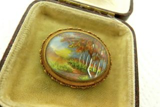 Vintage Signed Tlm Thomas Louis Mott Hand Painted Landscape Brooch Pin