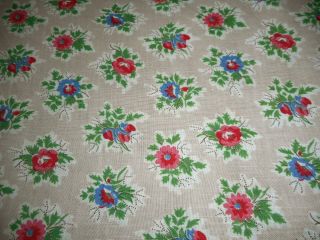 Antique Vintage French Floral Cotton Fabric 1 Blue Pink Red Green On Tan