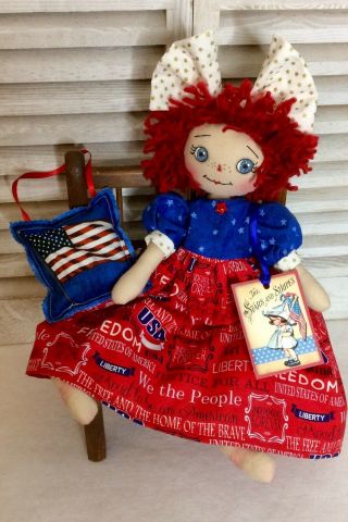 Primitive Patriotic Raggedy Ann Doll Americana Usa Fourth Of July Sit Or Hang