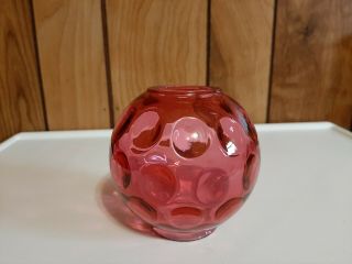 Antique Miniature Oil Lamp Fenton Glass Shade Round Cranberry Coin Dot