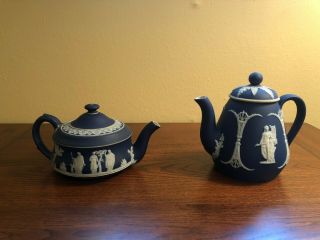 Rare Antique Dark Blue Wedgwood Jasperware Teapots