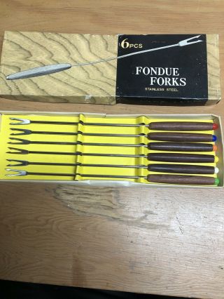 Vintage Stainless Steel Fondue Forks Set Of 6 Color Coded Wood Teak Handles