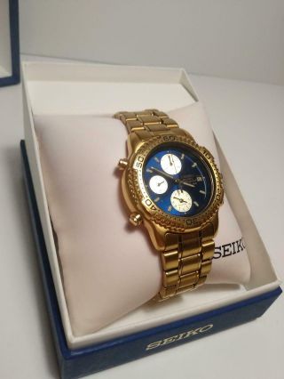 Seiko Sports 150 Chronograph 7t32 - 6c09 Gold With Rare Blue Dial Mens Watch