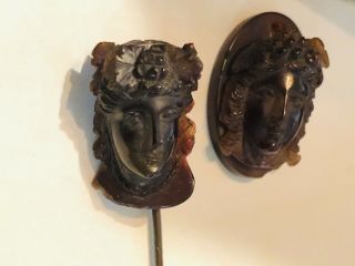 Antique Vintage Victorian Carved Brown Amber Or Horn Cameo Stick Pin & Pendant