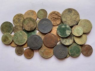 Metal Detecting Finds Group Of 36 Copper Milled Coins,  17th,  18th,  19th Century