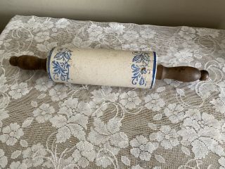 Antique Stoneware Brush Mccoy Rolling Pin Blue Wildflowers