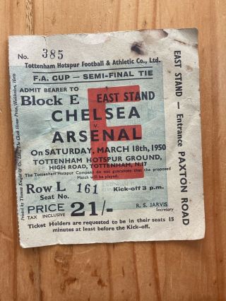 Rare Fa Cup Football Semi Final 1950 Ticket Chelsea Vs Arsenal