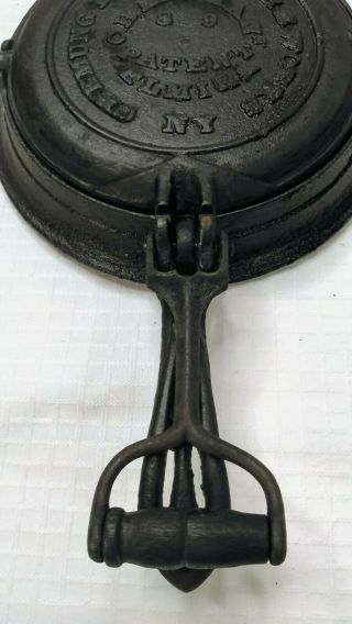 Rare 1883 Antique Cast Iron Round Waffle Maker Cookware Elmira NY 8x9 Wood 2