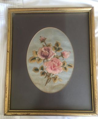 Vintage Embroidered Picture Of Roses