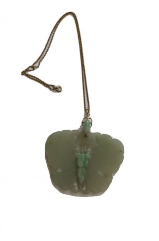 Vintage Chinese Carved Light Green Jade Butterfly Pendant Chain Necklace