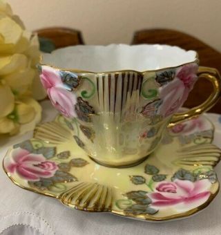 Rare Vintage Yellow Rose Floral Teacup And Saucer Exquisitely Gilded In Goldtone