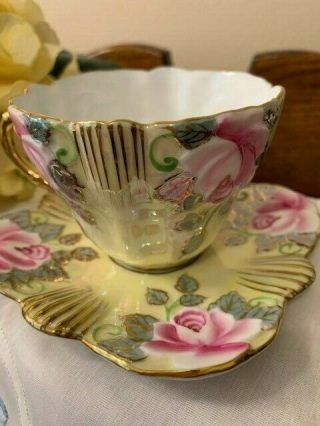Rare Vintage Yellow Rose Floral Teacup and Saucer Exquisitely Gilded in Goldtone 3