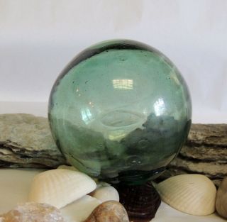 Vintage Japanese Glass Fishing Float.  Rare Emerald Green & Maker 