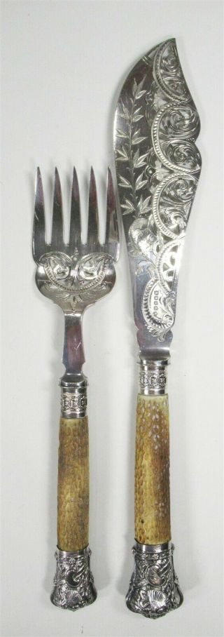 Rare Victorian Harrison Bros & Howson Hb&h Silver & Antler Fish Srv Knife & Fork