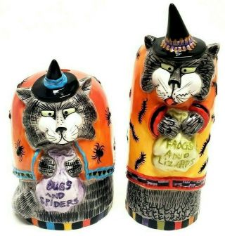 Fitz And Floyd Halloween Kitty Witches Rare Candlestick Holders Vgc Htf
