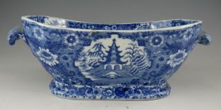 Antique Pottery Pearlware Blue Transfer Spode Net Pattern Sauce Tureen 1815
